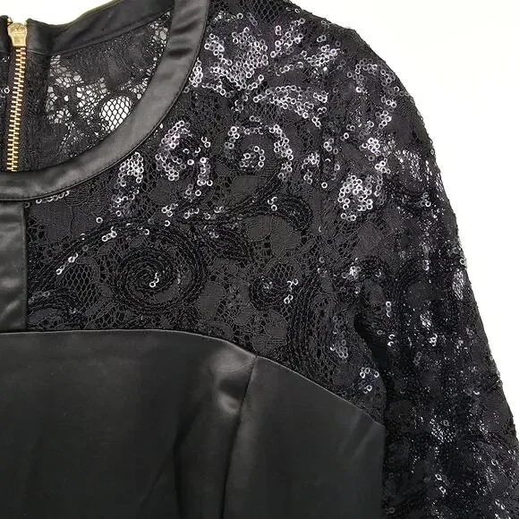 Frankie Morello Gala-Ready Glam Black Satin Sequin Lace Sheath Pencil Dress 40 - Picture 4 of 11